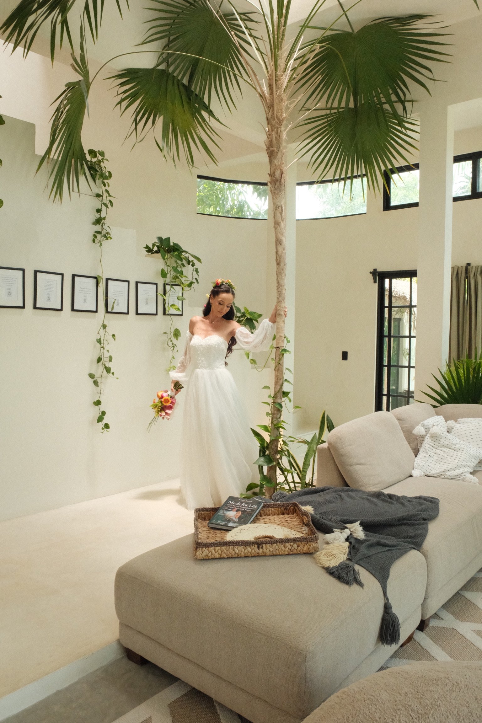 Bride getting ready in a living-room-style suite at Rancho Verde