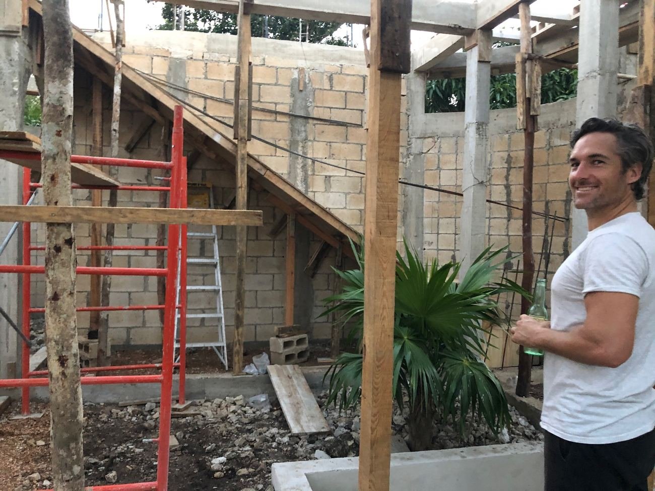 Round building at Rancho Verde Tulum during concrete block construction, before
