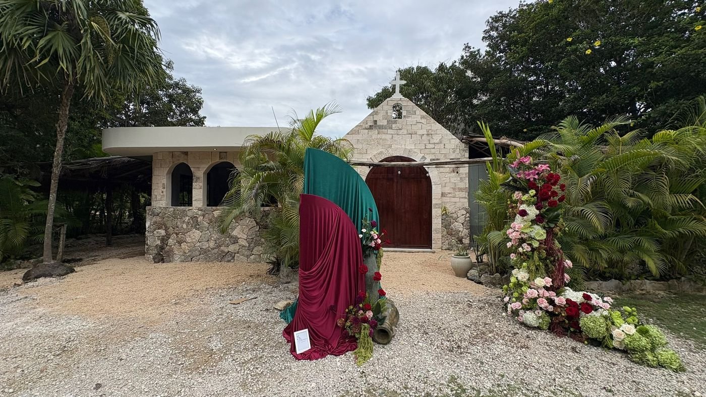 Chapel with teal and burgundy drapes at Rancho Verde Tulum